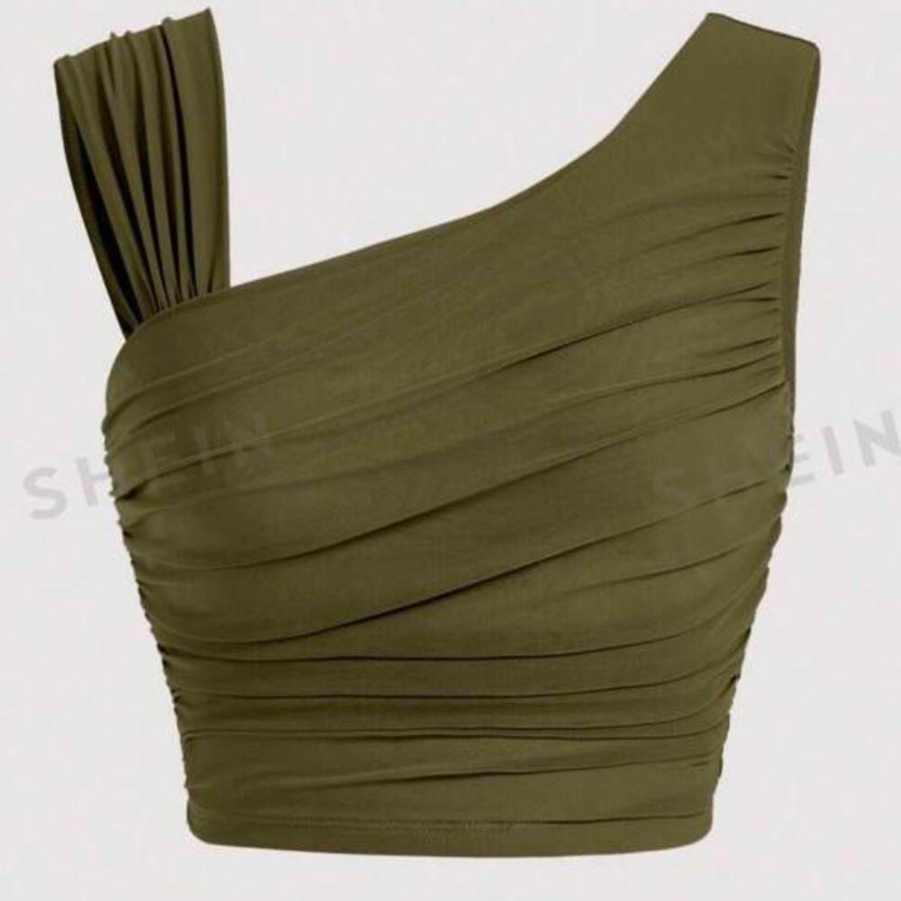SHEIN Olive Green Asymmetrical Ruched Top